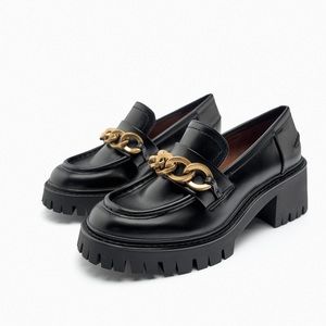 Chain trim heeled lug sole loafers zara loafers
